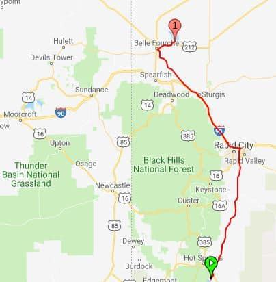 2019 Route from to Angostura State Park to Belle Fourche South Dakota