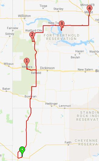 2019 Route From Belle Fourche South Dakota to Minot via Teddy Roosevelt National Park North Dakota map