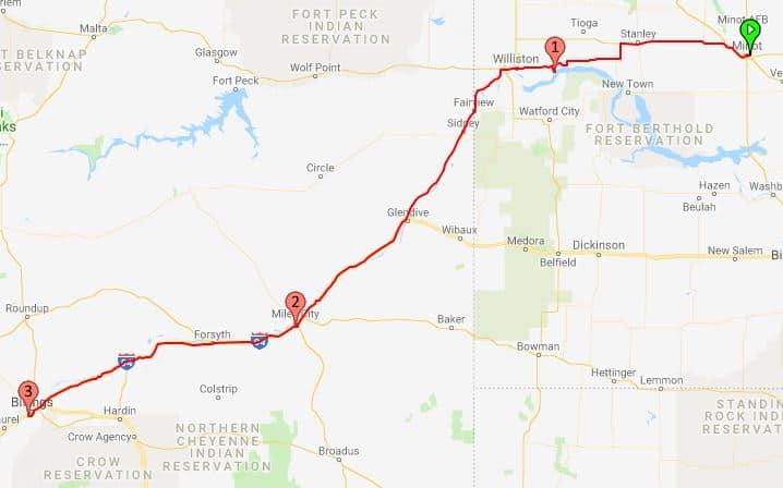 From Minot North Dakota to Billings Montana map