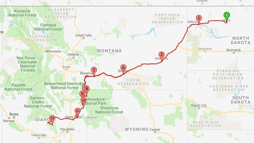 From Minot North Dakota to Boise map