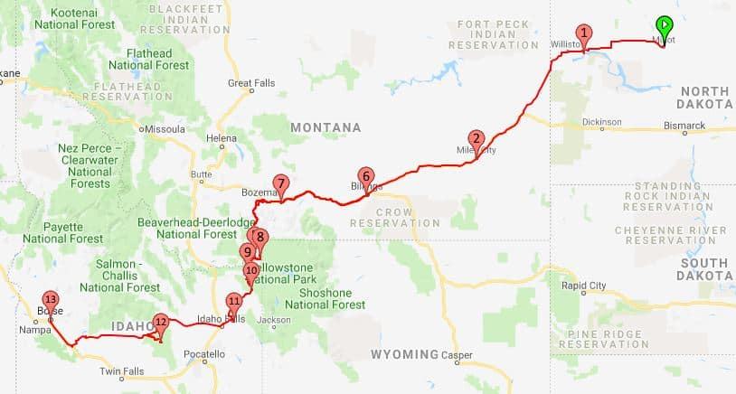 From Minot North Dakota to Boise Idaho map