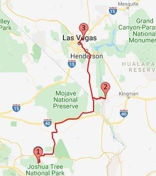 2018 Route Joshua Tree National Park to Las Vegas Nevada
