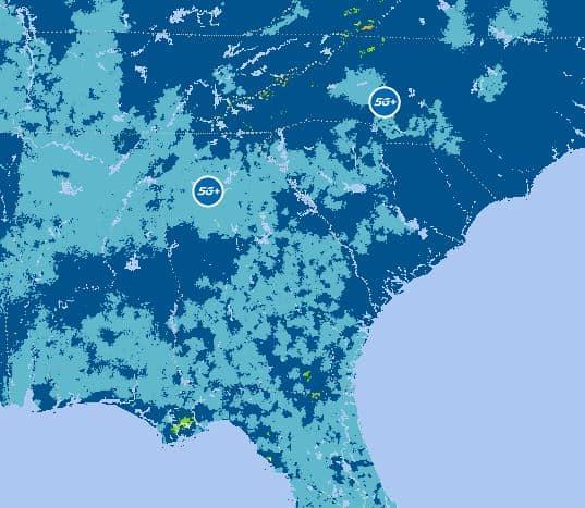 AT&T converage map of the eastern U.S. Light blue = 5g and dark blue = 4g.