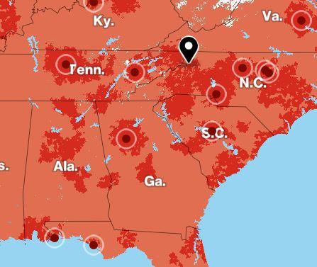Verizon coverage map, dark red = 5g and light red = 4g