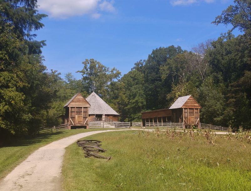 Reconstructed barn and livestock buildings at George Washington's mansion.
