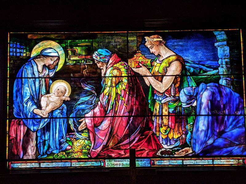 Tiffany stained glass window, arrival of the Magi in the chapel at Jekyll Island