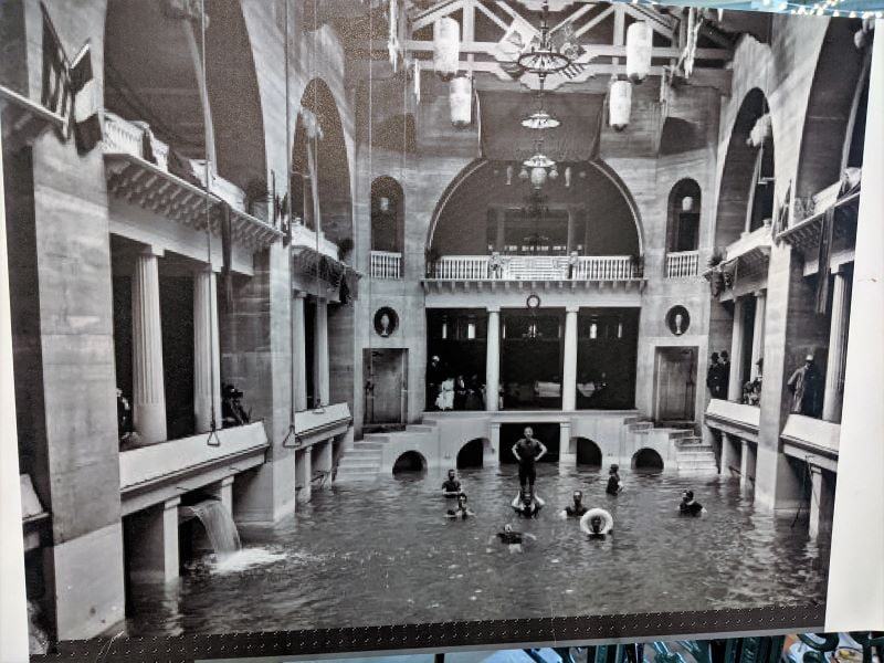 The indoor pool at the Hotel Alcazar in this picture is now used as a dining room.