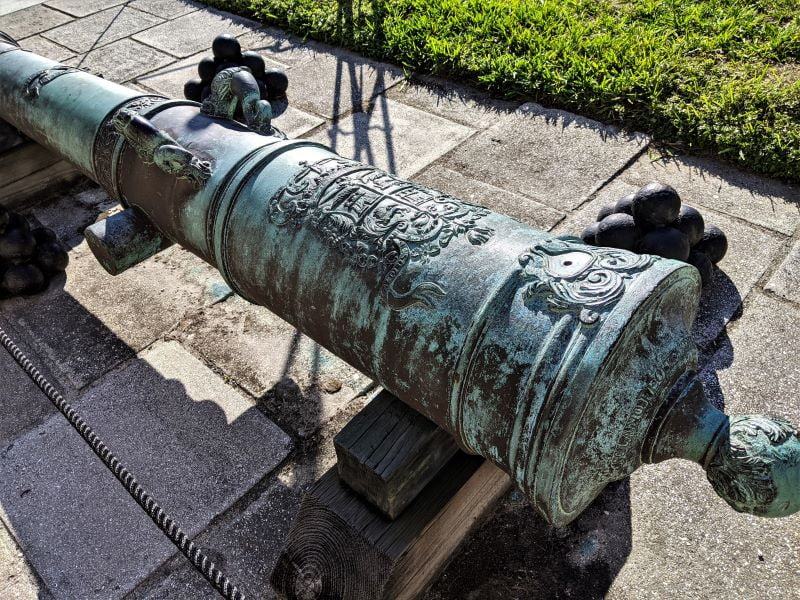 Spanish cannon made in Sevilla in 1764. Notice the coat of arms molded into the barrel.