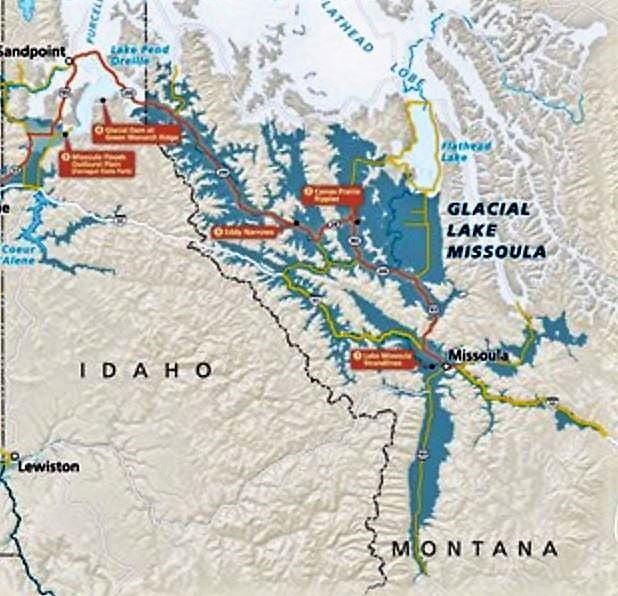 National Park Service Map of Glacial Lake Missoula. The Bitterroot Valley is the arm south of Missoula.