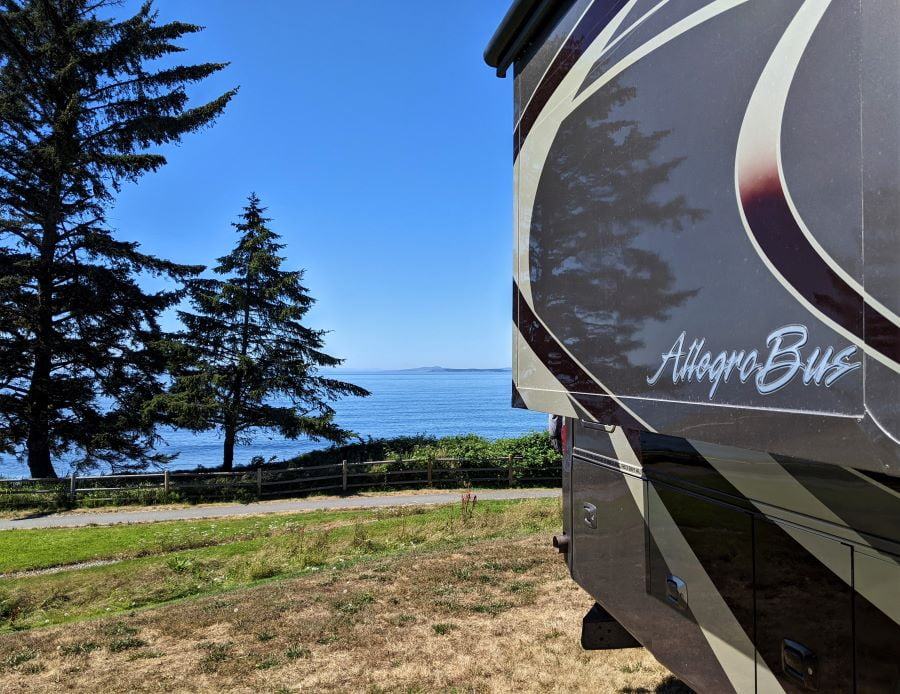 Our campsite on Whidbey Island is on a cliff looking west at the Strait of Juan de Fuca.