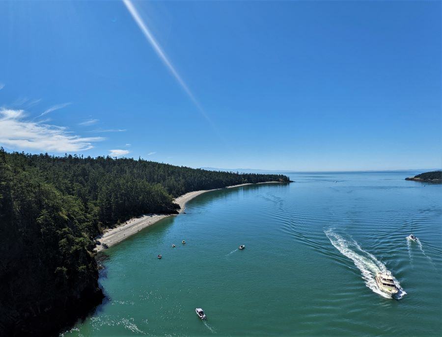 Looking to the west from the bridge. The beaches on the left side of this picture are inside the state park at the north end of Whidbey Island.