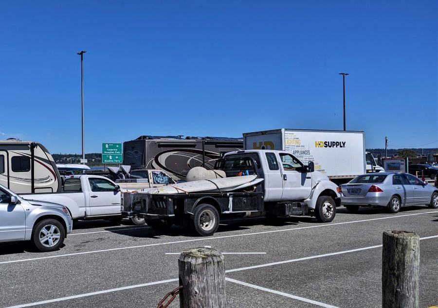Tami took this picture of our RV in the cue all lined up to board the ferry.