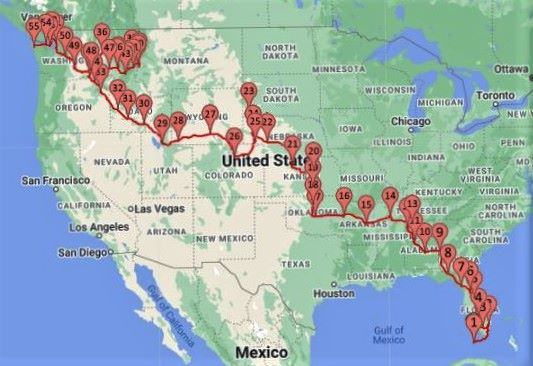This map shows our starting point on January 1 in Key West Florida and our route across the United States. If you want to go in a straight line, you better fly... and you won't have a place to land when you get to the end of the road. 