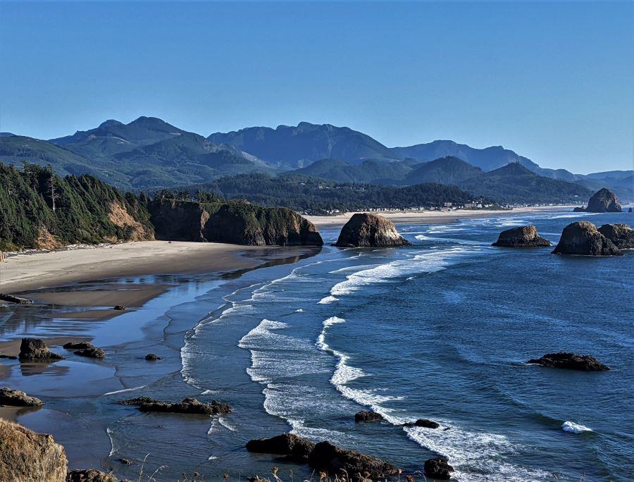 Bird Rocks at the south end of Tillamook Head. In the distance at the right is Haystack Rock at Cannon Beach.