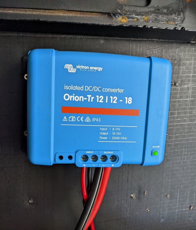 My DC to DC converter is mounted on the roof next to my inverter. The input wires are connected to my main battery and the output wires are connected to my solo battery.