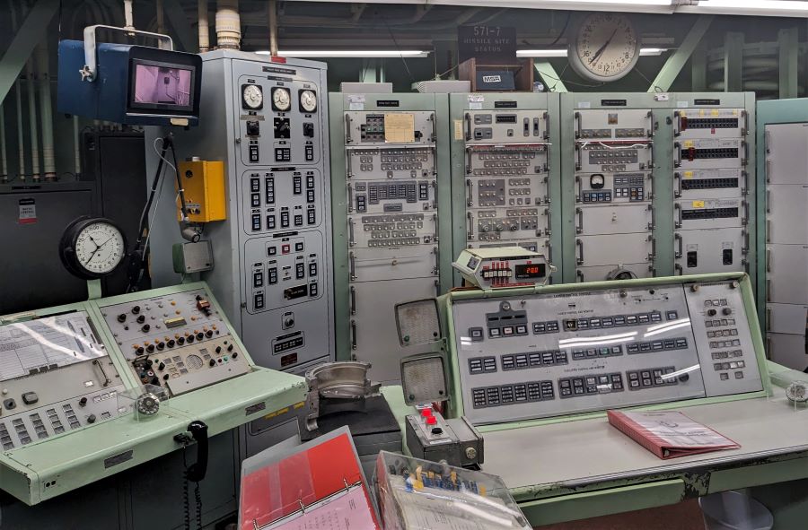 These displays and launch stations have the same equipment that was in the launch control room for a NASA Gemini space launch.