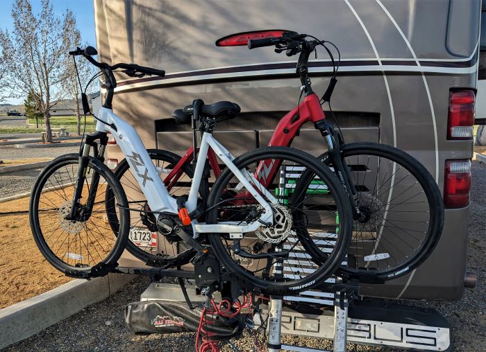 Fitting our e-bikes to our bike rack on the back of our RV.