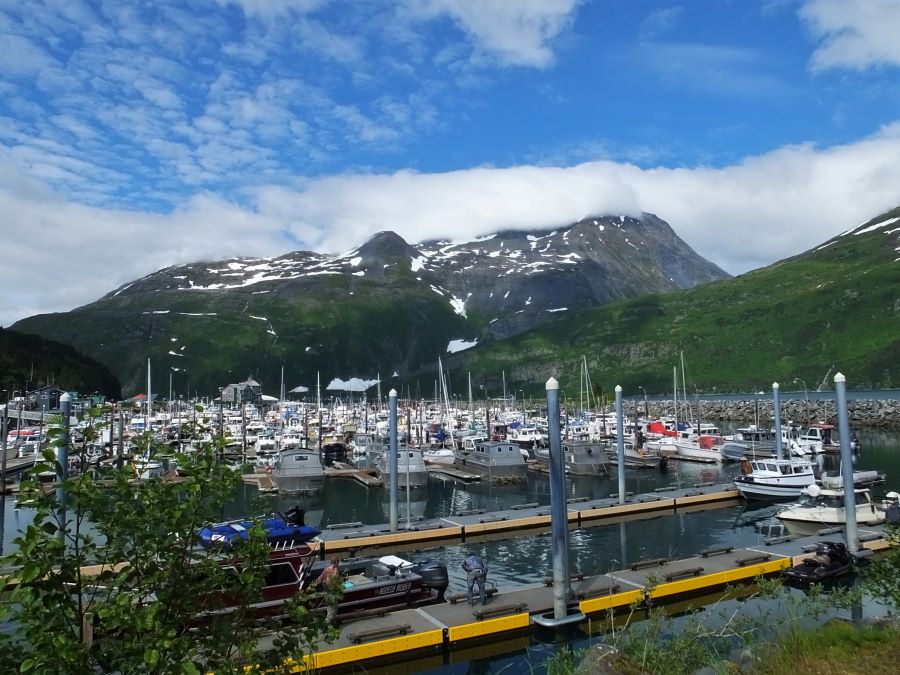 FoxRVTravel.com Sport Fishing Docks and mountain with glacier in Whittier Alaska