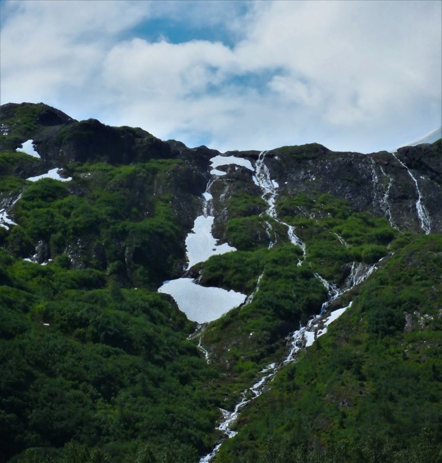 FoxRVTravel.com Glacier and waterfall in Whittier Alaska