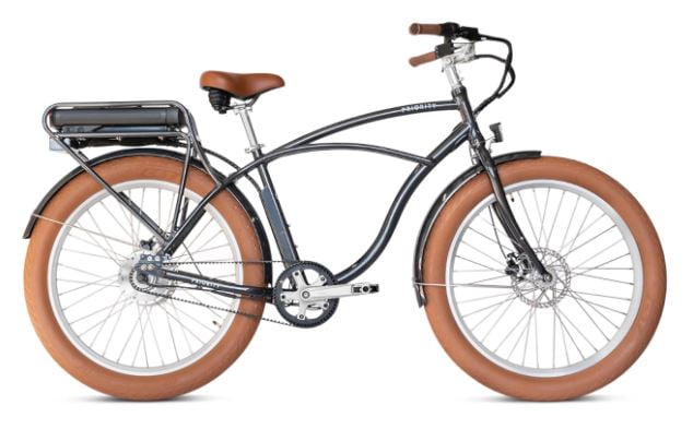 PRIORITY E-COAST is a single speed rear hub drive beach cruiser bike with Gates carbon belt drive and a rack mounted battery.