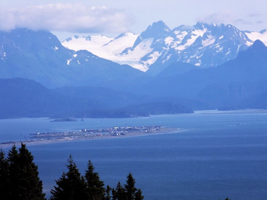 The Homer Spit and Kachemak Bay. Across the bay is the Grewingk Glacier.