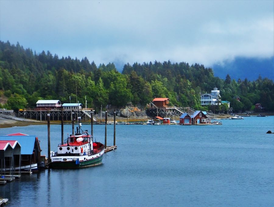 Here is another view of Halibut Cove including a modern fishing boat.