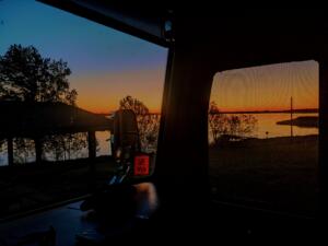 Sunrise from inside our RV overlooking Navarro Mills Lake