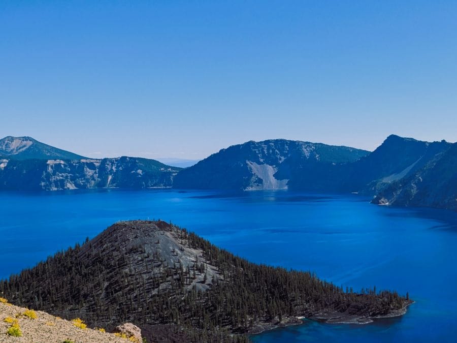 A view of Wizard Island on Crater Lake, looking towards the east.
