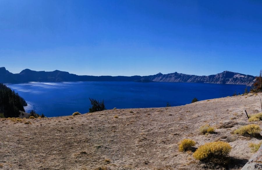 Looking to the south from the north side of Crater Lake on our bike ride around the lake.