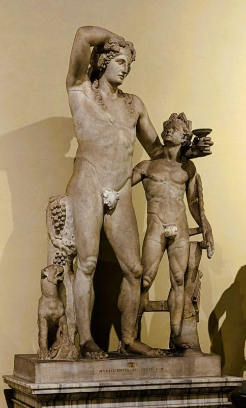 Roman statue of Dionysos and satyr. in the Vatican Museum.  From FoxRVTravel article Roman Statues in the Vatican Museum. 