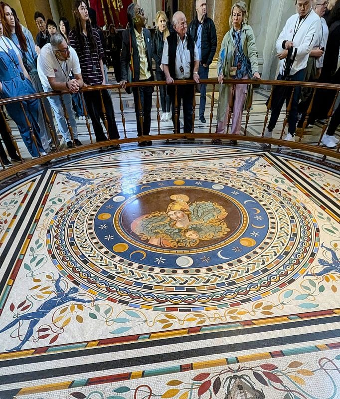 Splendid frescos in the Vatican Museum 12 Mosaic on the floor in the Vatican Museums with a central medallion featuring Athena, surrounded by phases of the moon.   Photo from FoxRVTravel article Splendid frescos in the Vatican Museum