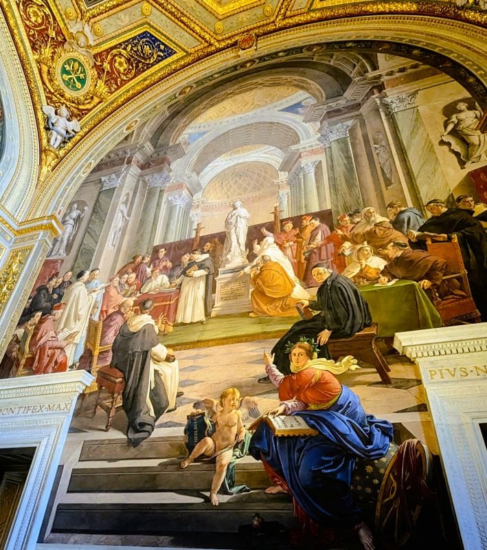 Splendid frescos in the Vatican Museum 11 Discussion about the Immaculate Conception. Fresco by Francesco Podesti.  Photo from FoxRVTravel article Splendid frescos in the Vatican Museum
