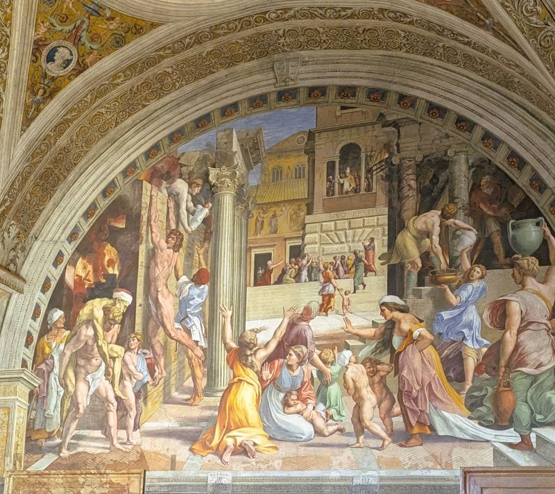 Splendid frescos in the Vatican Museum 10 Fire in the Borgo fresco by Raphael.  Photo from FoxRVTravel article Splendid frescos in the Vatican Museum