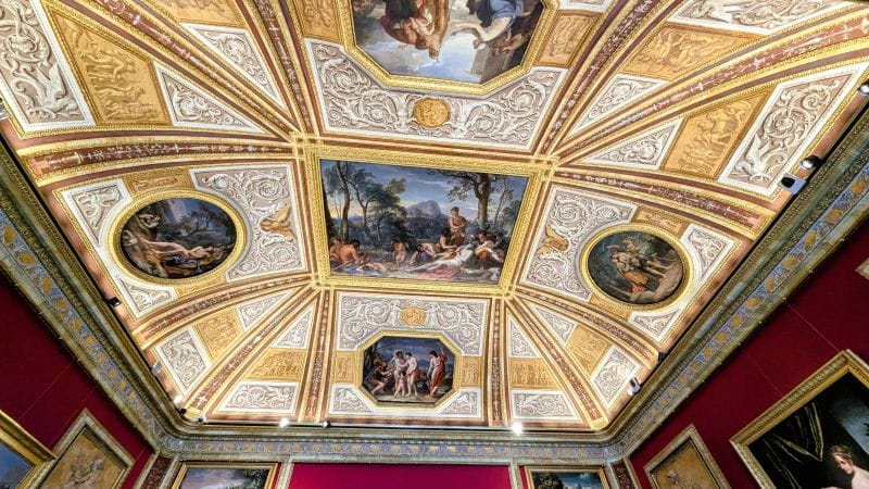 Masterpiece frescos in the Borghese Gallery 10 Hall of Helen and Paris, paintings by Gavin Hamilton, "Death of Paris" at center, 1782-1784 in the Borghese Gallery. Photo from FoxRVTravel Masterpiece Frescos in the Borghese Gallery.