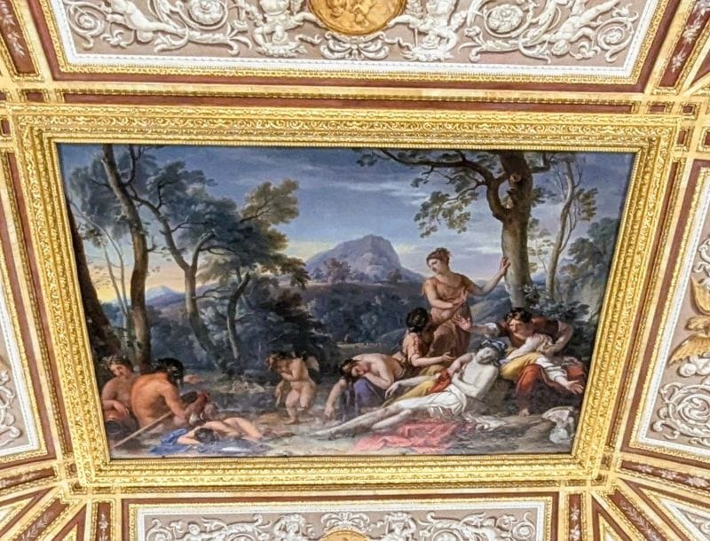 Masterpiece frescos in the Borghese Gallery 11 "The Death of Paris" among satyrs and nymphs" in the painting by Gavin Hamilton 1782-1784 in the Photo from FoxRVTravel Masterpiece Frescos in the Borghese Gallery. Borghese Gallery.