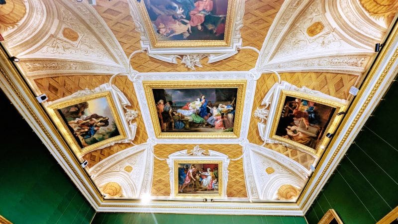 Masterpiece frescos in the Borghese Gallery 3 Room of the Three Graces "Dido's Suicide" is the center painting by Anton von Maron, 1783-1785 in the Galleria Borghese. Photo from FoxRVTravel Masterpiece Frescos in the Borghese Gallery.