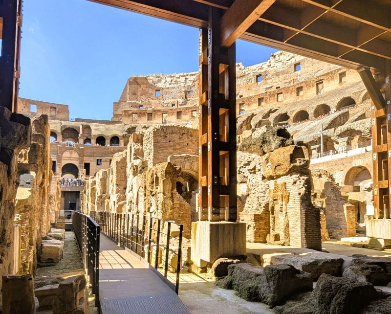 Looking at the reconstructed arena floor and out across the Colosseum interior passageways. Photos are from FoxRVTravel article "The Roman Colosseum."