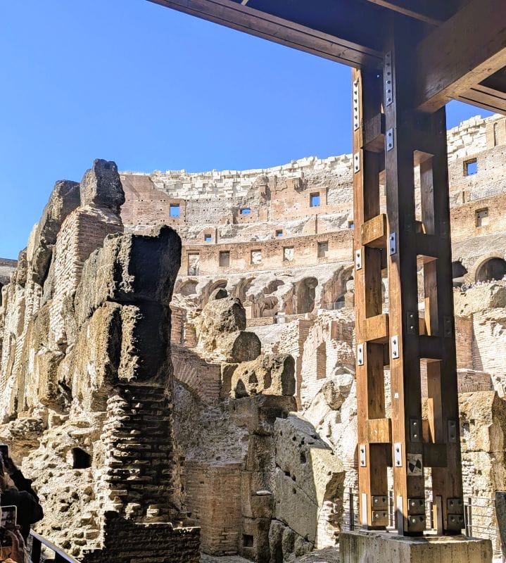 To the left is a rebuilt post holding up the arena floor at the Colosseum. The original arena floor stood supported by the walls in the left of the photo. Photos are from FoxRVTravel article "The Roman Colosseum."