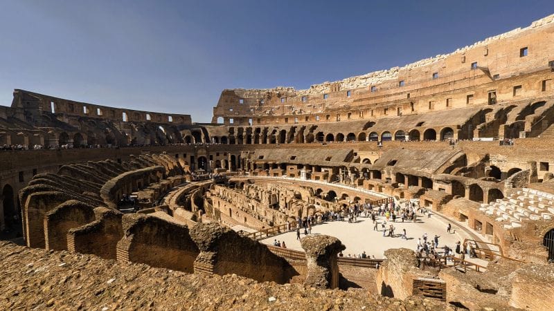 The Colosseum exhibit has recreated part of the arena floor which extends about 1/3 the way across the arena. Everything above this floor was seating. To the left of the raised platform you can see the design below floor level. Photos are from FoxRVTravel article "The Roman Colosseum"