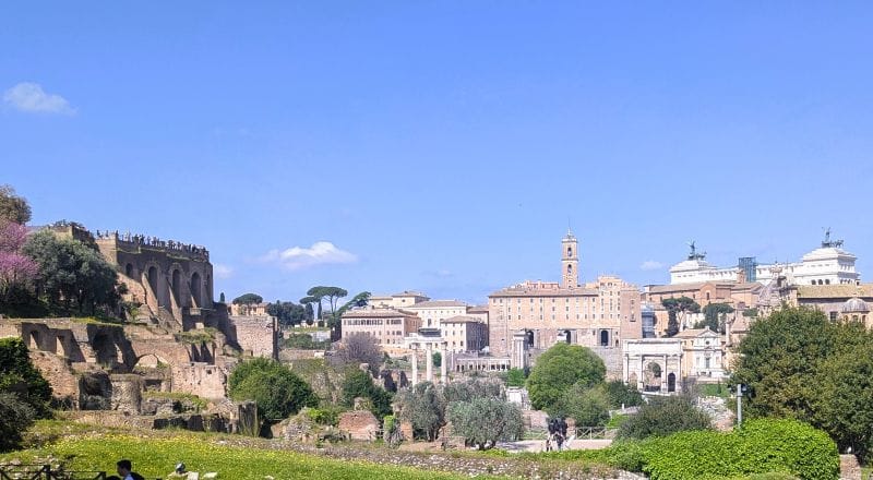 Looking west at the Roman Forum. Palatine Hill is to the left of this picture. Along the skyline to the right is the Monument Victor Emmanuel. From this photo you can see how busy the Roman Forum is to the east of the Capitoline Hill. Photos are from the FoxRVTravel article “The Roman Forum.”