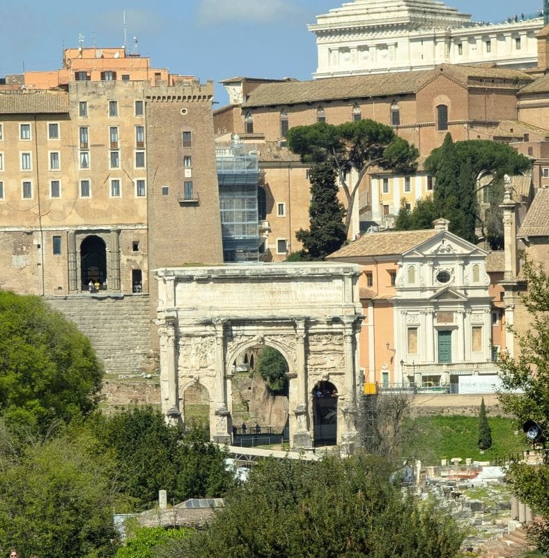 Arch of Septimius Severus is at the bottom, center of this photo. Photos are from the FoxRVTravel article “The Roman Forum.”