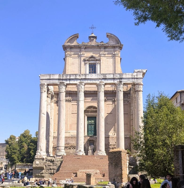 The Temple of Antoninus and Faustina was converted into a the church of San Lorenzo in Miranda which probably saved it from destruction over the last 2000 years. It was first built in 141 A.D. by Antoninus Pius and dedicated to his wife Faustina. Later when Antoninus died they added his name to the temple. Photos are from the FoxRVTravel article “The Roman Forum.”