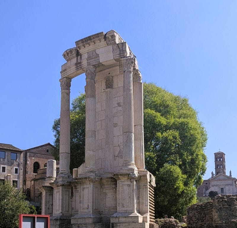 The Temple of Vesta housed Vesta's holy fire, which was a symbol of Rome's safety and prosperity. The Vestal Virgins tended the fire as a representation of home keeping. Photos are from the FoxRVTravel article “The Roman Forum.”