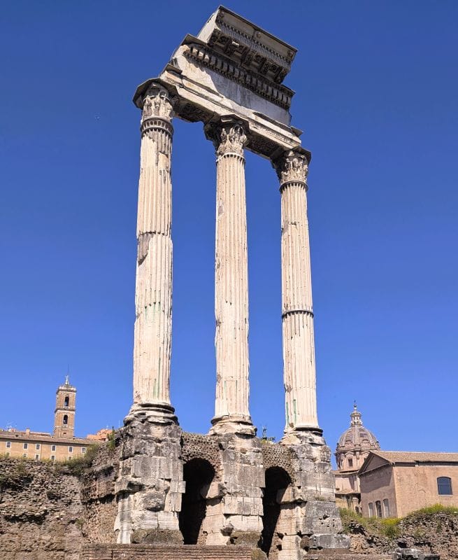 The Temple of Castor and Pollux was an ancient temple in the Roman Forum, Rome, Central Italy. It was originally built in gratitude for victory at the Battle of Lake Regillus. These three columns take the crown as the most photographed location in the Roman Forum. Photos are from the FoxRVTravel article “The Roman Forum.”
