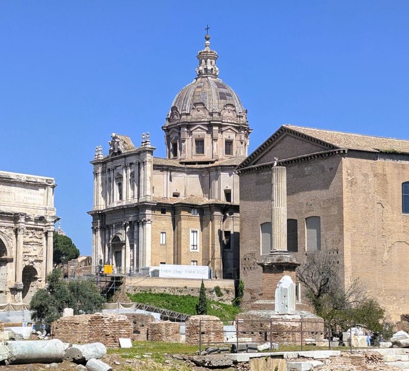 The Church of Saints Luca and Martina stands on the edge of the Roman Forum, on the remains of the “Secretarium Senatus,” a building possibly used as a court for the investigation of the activities of senators. Photos are from the FoxRVTravel article “The Roman Forum.”