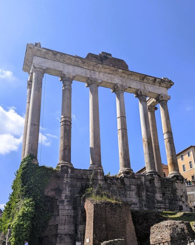 This is the last remaining part of the Temple of Saturn. These columns standing at the west end of the forum are a re-construction by the Romans and expansion of the previous The altar of Saturn, which stood in front of the temple, is thought to have been much older and was associated with Saturn's founding of the city on Capitoline Hill. Photos are from the FoxRVTravel article “The Roman Forum.”