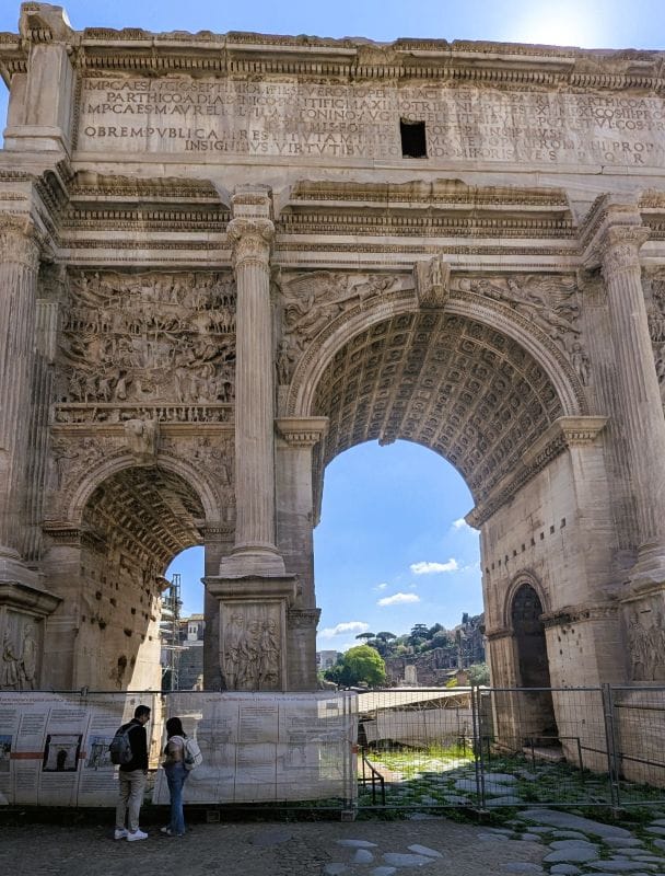 Arch of Septimius Severus near the west end of the forum. The area under the arches is now closed to visitors but was open last time I visited in 1972. Photos are from the FoxRVTravel article “The Roman Forum.”