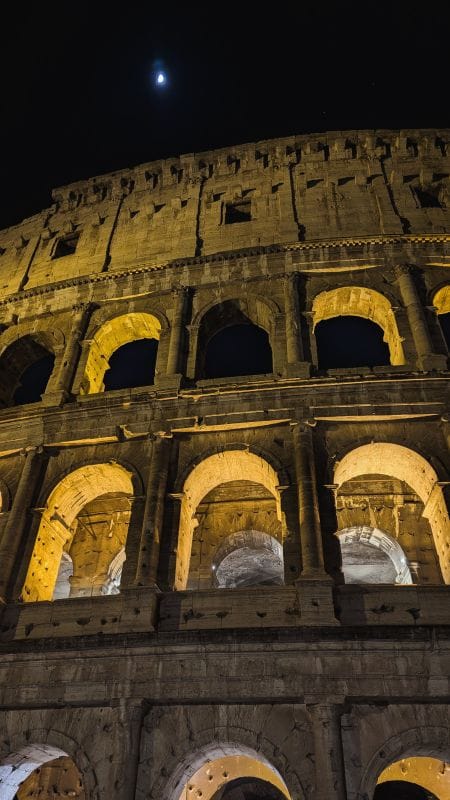 This photo includes the moon in the photo of the Colosseum. I was trying to be creative when I took the photo but if I zoomed in on the moon the Colosseum looks like any other building. Photos are from the FoxRVTravel article “The Roman Colosseum.”