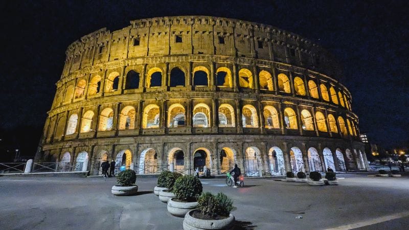 The Colosseum at night is very impressive. Photos are from the FoxRVTravel article “The Roman Colosseum.”