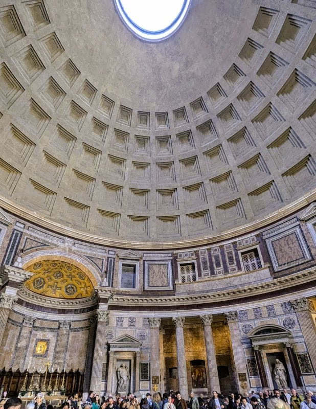 The Pantheon is amazing 6 The dome is made of concrete and, at the base, is between 21 and 14 feet thick. Photos are from the FoxRVTravel article “The Pantheon is Amazing.”